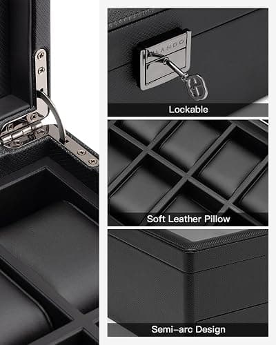 Vlando Watch Box 10 Slots, Lockable Watch Case with Textured Leather, 2 Layer Watch Holder for Rings, Glasses, Mens Jewelry Box with Glass Lid, Removable Divider, Gifts for Father, Husband, Black thumbnail 5