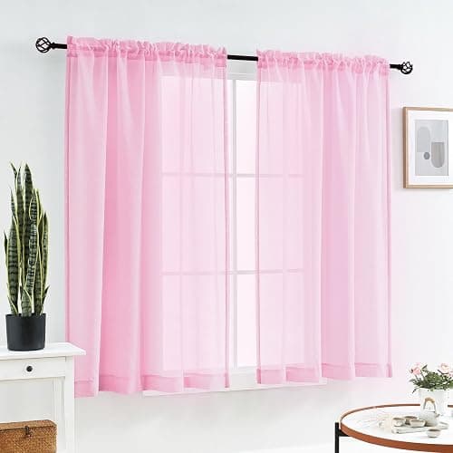 MYSTIC-HOME Sheer Curtains Pink 63 Inch Length, Rod Pocket Voile Drapes for Living Room, Bedroom, Window Treatments Semi Crinkle Curtain Panels for Yard, Patio, Villa, Parlor, Set of 2, 52"x 63" thumbnail 2