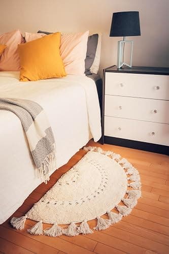 Pack of 2 Unique Boho Rug - Half Circle Rug with Crochet Insert Detail & Tassels -100% Cotton Boho Bathroom Rugs -Decorative Non-Slip Bohemian Rug for Bath & Bedroom - Cute Boho Decor - Cream thumbnail 2