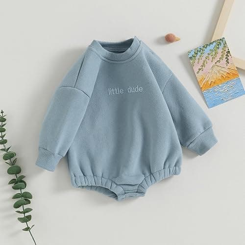 VISGOGO Newborn Infant Baby Boy Girls Oversized Romper Little Dude Sweater Onesie Coming Home Outfit Neutral Clothes - 0-3 Months - Blue thumbnail 3
