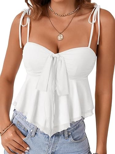 Rooscier Women's Straps Knotted Front Sleeveless V Neck Vintage Peplum Sexy Cami Top - Small - White