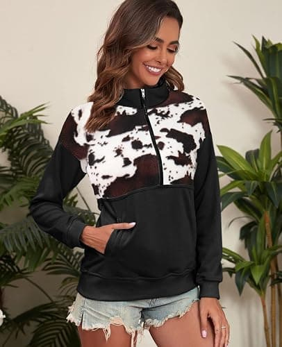 LEMAFER Women's 2024 Casual Aztec Cow Print Zipper Collar Pullover Sweatshirt Western Cowgirl Ethnic Style Hoodies thumbnail 4