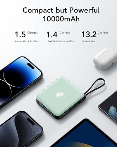 VRURC Portable Charger USB C, Power Bank with Built-in Cable, 10000mAh 20W Battery Pack for iPhone 16 15 14 Samsung Galaxy S23 S22 Google, Note 20, Pixel, Moto, LG Android Phone, Green(1 Pack) thumbnail 7
