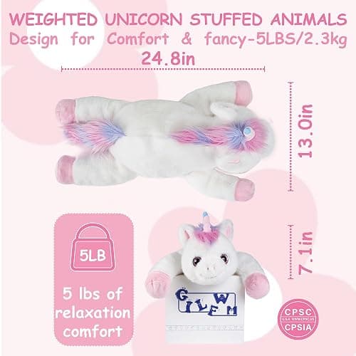 GILFWM Unicorn Weighted Stuffed Animals - 25" Big Stuffed Animal Toy Rainbow Pillow for Girls Boys Kids, 5 lbs Ultra-Soft Washable Weighted Plush thumbnail 2