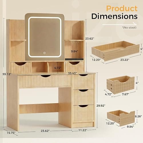 Vanity Desk with Mirror and Lights, Makeup Vanity Table with Large 6 Drawers Modern Fluted Wooden Dressing Table with Jewelry Hook 3 Color Modes Adjustable LED Mirror for Women Girls Bedroom or Dorm thumbnail 2
