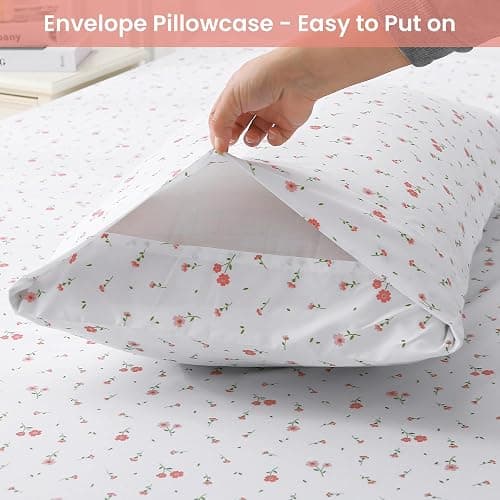 Softan Pink Floral Full Sheet Set Flower Printed Bed Sheets Double - 4 Piece Microfiber Patterned Fitted Bed Sheets with 15" Deep Pocket & Straps, Cozy Cute Pink Sheets and Pillowcase Set thumbnail 6