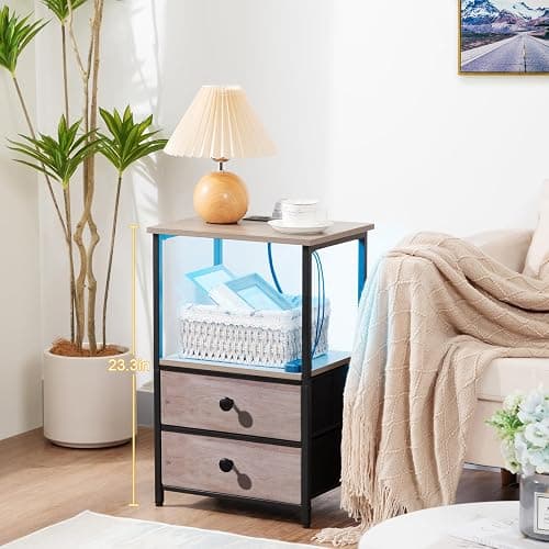 LOAKEKEL Night Stand Set 2, LED Nightstand with Charging Station, End Tables with Storage Shelf, Bedside Table with 2 Fabric Drawers for Bedroom, Small Spaces, Grey HETS02PGY thumbnail 8