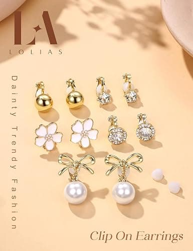 LOLIAS Clip On Earrings for Women 14K Gold Plated Clip Earrings Non Pierced Ears Clips CZ Pearl Knot Twist Chunky Hoop and Studs Earring Set Hypoallergenic Fake Earings Jewelry thumbnail 7