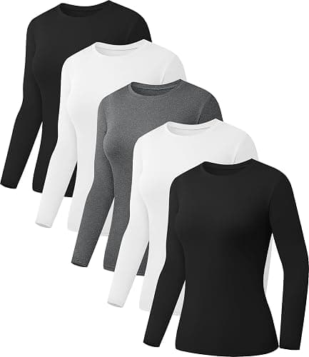Kinglaman 5 Pack Womens Basic Long Sleeve Shirts Crew Neck Slim-Fit Fitted T Shirts Tops Undershirts Underscrub Baselayer - Image 1