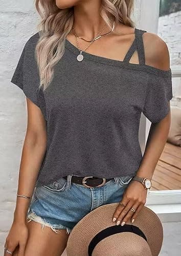 VKEGNIO Criss-Cross One Shoulder Tops Sexy Cold Shoulder Shirts Summer Short Sleeve T-Shirts Vacation Loose Casual Tees - Large - Grey thumbnail 2