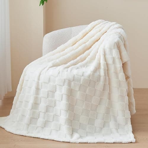 NEWCOSPLAY Super Soft Throw Blanket Ivory Premium Silky Flannel Fleece 3D Checkered Lightweight Bed Blanket All Season Use (Ivory Checkered, Throw(50"x70")) thumbnail 7
