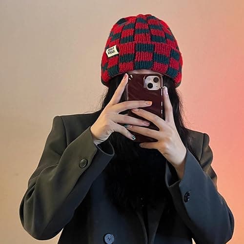 Cuffed Knit Beanie Hats for Women Checkerboard Plaid Womens Hat Y2K Stretch Winter Beanies Skull Cap Warm Ski Caps thumbnail 6
