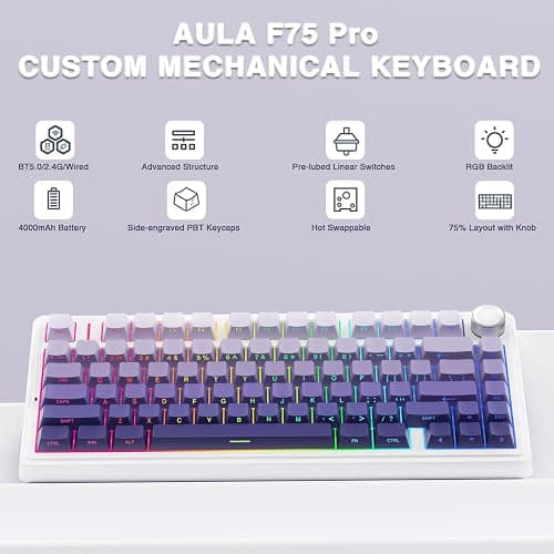 AULA F75 Pro Wireless Mechanical Keyboard,75% Hot Swappable Custom Keyboard,RGB Backlit,Pre-lubed Linear Switches,Side Printed PBT Keycaps Mechanical Gaming Keyboards,Gradient Purple thumbnail 2