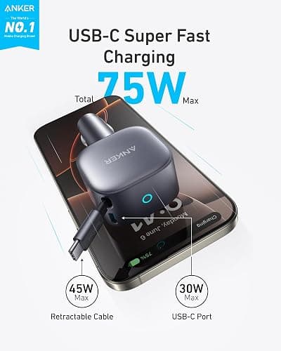 Anker Retractable USB-C Car Charger, 75W Max Fast Charging with Built-in Retractable Cable Car Adapter, Car Accessories for iPhone 17/16 Series, Galaxy S25/S24, MacBook Pro/Air, iPad, and More thumbnail 2