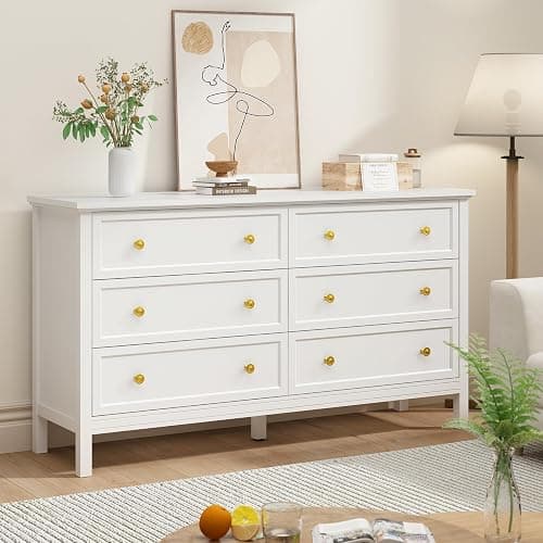 CARPETNAL White Dresser for Bedroom, 55 Inch 6 Drawer Dresser with Wide Drawer and Gold Handles, Woode Dressers & Chests of Drawers for Hallway, Entryway. thumbnail 6