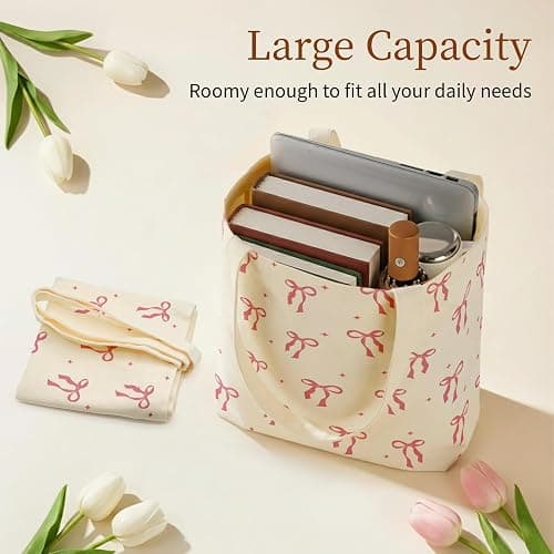 Puresora Canvas Tote Bag for Women with Zipper Cute | Zip Top, with Pockets, Medium Size, Aesthetic, Reusable Shoulder Totes for Shopping, Travel, Work, Daily Carry thumbnail 4