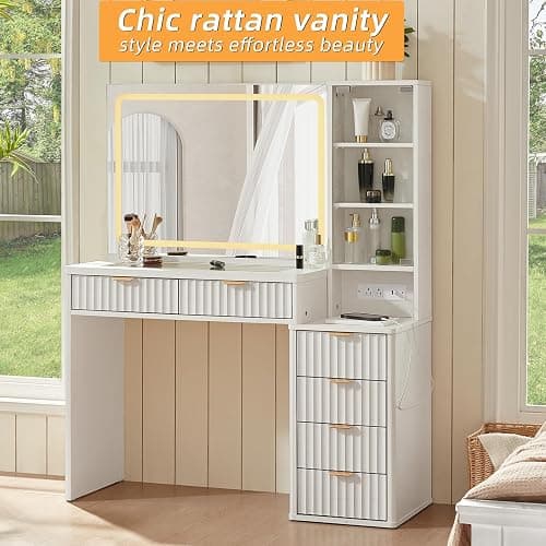 LEYAOYAO Vanity Desk with Mirror and Lights, 43.5'' Fluted Makeup Vanity with 6 Drawers and Adjustable Shelves, Wood TC Make Up Vanity Dressing Table with Glass Top and Power Outlet for Bedroom thumbnail 3