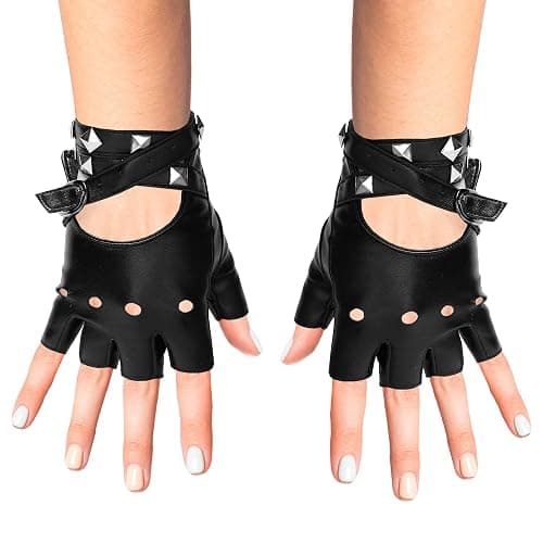 Skeleteen Fingerless Faux Leather Gloves - Black Biker Punk Gloves with Belt Up Closure and Rivet Design for Teens and Kids - Image 1