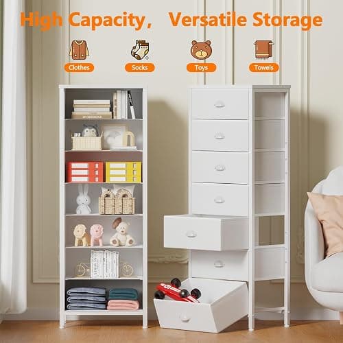 Furnulem White Tall Dresser for Bedroom with 7 Drawers, Vertical Chest of Drawer in Closet, Nightstand Storage Tower Unit Organizer with Fabric Bins for Dorm,Living Room,Entryway,Hallyway - White - 11.4"D x 15.8"W x 47.5"H (7 Drawers) thumbnail 4