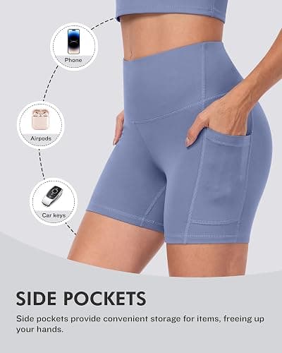CHRLEISURE 6 Packs Womens Biker Shorts with Pocket, 5 Inch High Waisted Tummy Control Spandex Yoga Workout Shorts thumbnail 3