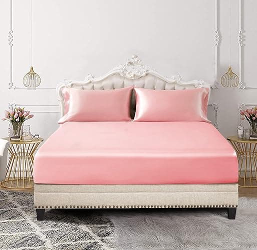 SiinvdaBZX 3-Piece Set Satin Twin Fitted Sheet & 2 Pillowcase, Blush Pink Silky Soft Fitted Bottom Sheet, Wrinkle Free, Fade Resistant, Deep Pocket Bed Sheet (Deep Up to 15") thumbnail 2