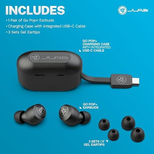 JLab Go Air Pop+ True Wireless Earbuds, in Ear Headphones, Bluetooth Earphones, 35H Playtime Ear Buds, Bluetooth Earbuds with Microphone, USB-C Charging Case, Dual Connect, EQ3 Sound, Black thumbnail 7
