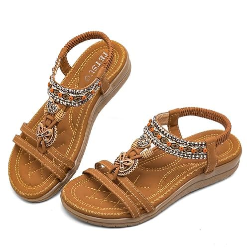 TETSUO Women Sandals Walking Flats Summer Beach Sandals Arch Support Casual Dressy Shoes for Women Elastic Ankle Strap Jeweled Bohemian Shoes thumbnail 3