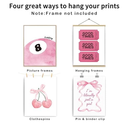 JWVK Pink Coquette Bow Preppy Girly Wall Art Prints Set of 4, Coquette Room Decor, Preppy Room Decor, Funky Y2K Pink Lucky 8 Ball Good Times Ticket Posters for Girls Room Dorm Decor, 8x10 Unframed thumbnail 2