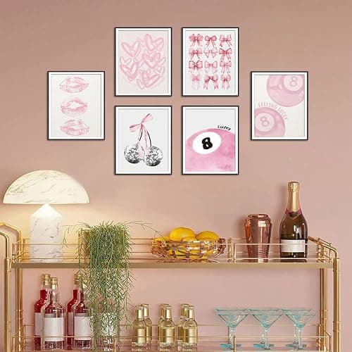 Cute Pink Girl Poster Set of 6, Light Pink Coquette Wall Art Trendy Lucky 8 Ball Wall Decor Paintings Pastel College Apartment Bedroom Living Room Dorm 8x10 inch Unframed thumbnail 6