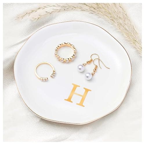 ProCase Ceramic Jewelry Tray, Initial Ring Dish Trinket Plate Engagement Gift, Small Personalized Monogram Ring Bowl for Wedding, White Decorative Jewelry Holder for Women Vanity -Letter H - Image 1