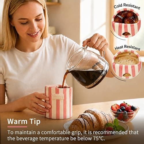 KOIMYSA Ceramic Coffee Mug with Sip Hole, 12oz To Go Ceramic Mug Striped | Cute Aesthetic Mug for Espresso Latte Cappuccino, Handmade Glazed Cup for Home Office Gift Use, Pink thumbnail 4