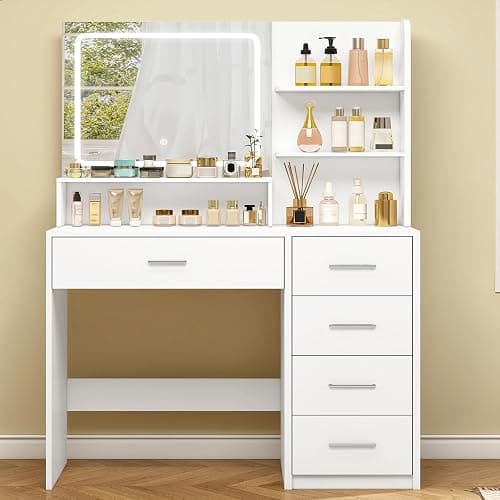 Quimoo Makeup Vanity Desk with LIighted Mirror, Vanity Desk with 5 Drawers & Storage Shelves, Vanity Table, 3 Color Modes & Adjustable Brightness Dressing Table, Bedroom - Image 1