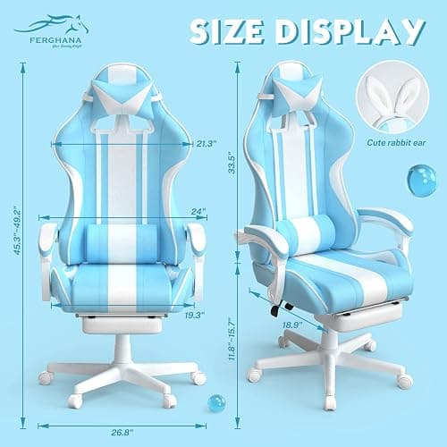 Ferghana Kawaii Light Blue Gaming Chair with Bunny Ears, Ergonomic Cute Gamer Chair with Footrest and Massage, Racing Reclining Leather Computer Game Chair 250lbs for Girls Adults Teens Kids thumbnail 3