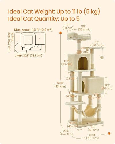 Feandrea Cat Tree, 59.5-Inch Tall Cat Tower, Plush Multi-Level Condo with 5 Scratching Posts, 2 Perches, 2 Caves, Hammock, 2 Pompoms, Beige UPCT192M01 thumbnail 5