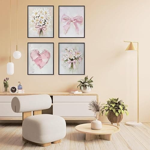 Locomiss Pink Vintage Floral Cute Bow Posters Wall Art Decor, Girly Wildflowers Bouquet Oil Painting Wall Art Decor for Teen Girl Bedroom Dorm Living Room Bathroom,Set of 4 (8x10 Unframed) thumbnail 5