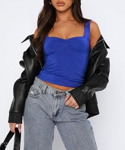 TiulZial Women's Sleeveless Backless Crop Tank Top Sexy Pleated Bustier Sweetheart Neck Strappy Y2K Cami Cropped Tops thumbnail 5