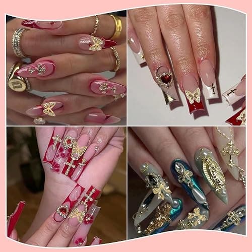 FOSDICK 24 Stück Gold Nagel Charms, 3D Charm Nägel, Nail Art Charms mit Herz Schmetterling Schleife Kirsche Design für Strasssteine Nagelkunst DIY Glitzersteine Schmuck thumbnail 3