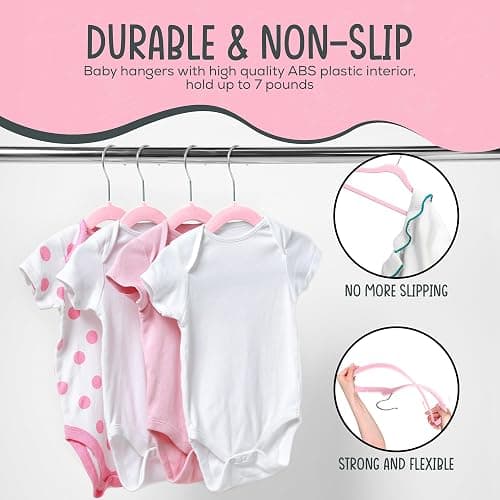 TechZoo 50 Premium Baby Velvet Hangers - 11.8 Inches Non-Slip & Ultra-Slim Baby Hangers for Space-Saving & Children Clothes - 360 Swivel Hook, Strong & Durable Infant & Toddler Clothes Hanger - Pink thumbnail 5