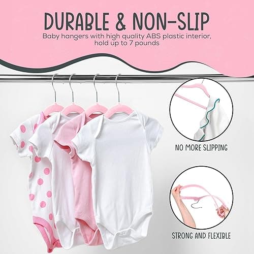 TechZoo 50 Premium Baby Velvet Hangers - 11.8 Inches Non-Slip & Ultra-Slim Baby Hangers for Space-Saving & Children Clothes - 360 Swivel Hook, Strong & Durable Infant & Toddler Clothes Hanger - Pink thumbnail 6