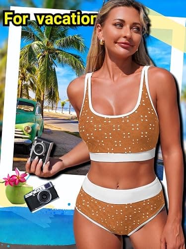 ChiaoLezhee Women's High Waisted Bikini Sets, Hollow Out Color Block, Two Piece Sporty Scoop Neck Adjustable Straps Swimsuit thumbnail 5