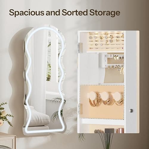 HOOBRO LED Mirror Jewelry Cabinet, Wall/Door Mounted Jewelry Organizer, Jewelry Aromire with Wavy Mirror Full Length, Lockable Jewelry Storage Cabinet, Interior Mirror, 16.5" x 4.1" x 43.3", White thumbnail 4
