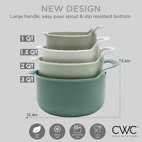 COOK WITH COLOR Nesting Plastic Mixing Bowl Set with Pour Spouts and Handles, Sage, 4 Piece Non-Slip thumbnail 3
