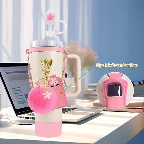Velaco 11 PCS Accessories for Stanley Cup, Water Bottle Handle Strap for Stanley 30/40 oz tumbler with handle, including Straw Toppers, Silicone Cup Boot, Keychain Charms - PINK thumbnail 4
