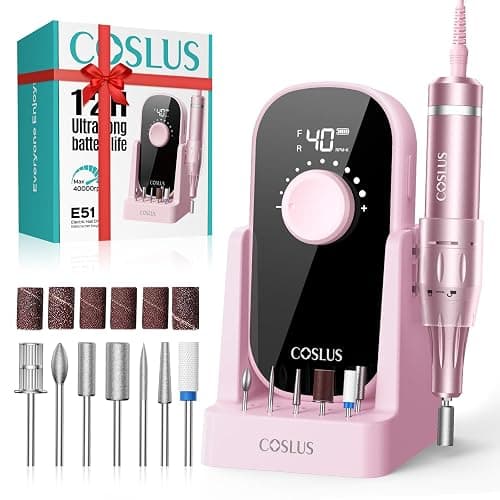 COSLUS Professional Rechargeable Electric Nail Drill 40000 RPM, Portable Nail File with Storage Stand for Acrylic Gel Polishing Removing - Easy to Use for Women, Manicure at Home DIY or Salon, Pink - Image 1