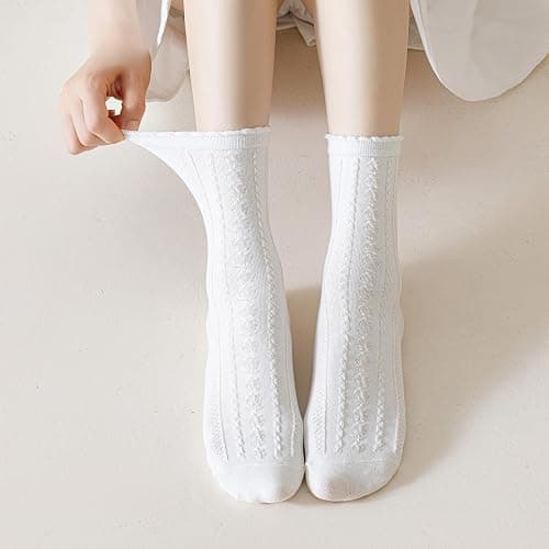 albagu Women's Crew Socks - Casual Cotton Cute Novelty Socks - Floral Ankle Socks - 5 Pack (White, One Size) thumbnail 5