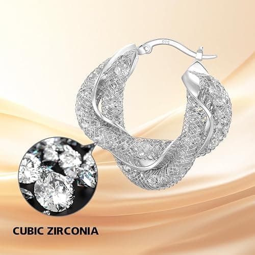 SayovatBek 14K Gold Plated 25–33mm Mesh Hoop Earrings for Women, Cubic Zirconia, 925 Sterling Silver Post, Hypoallergenic Jewelry thumbnail 7