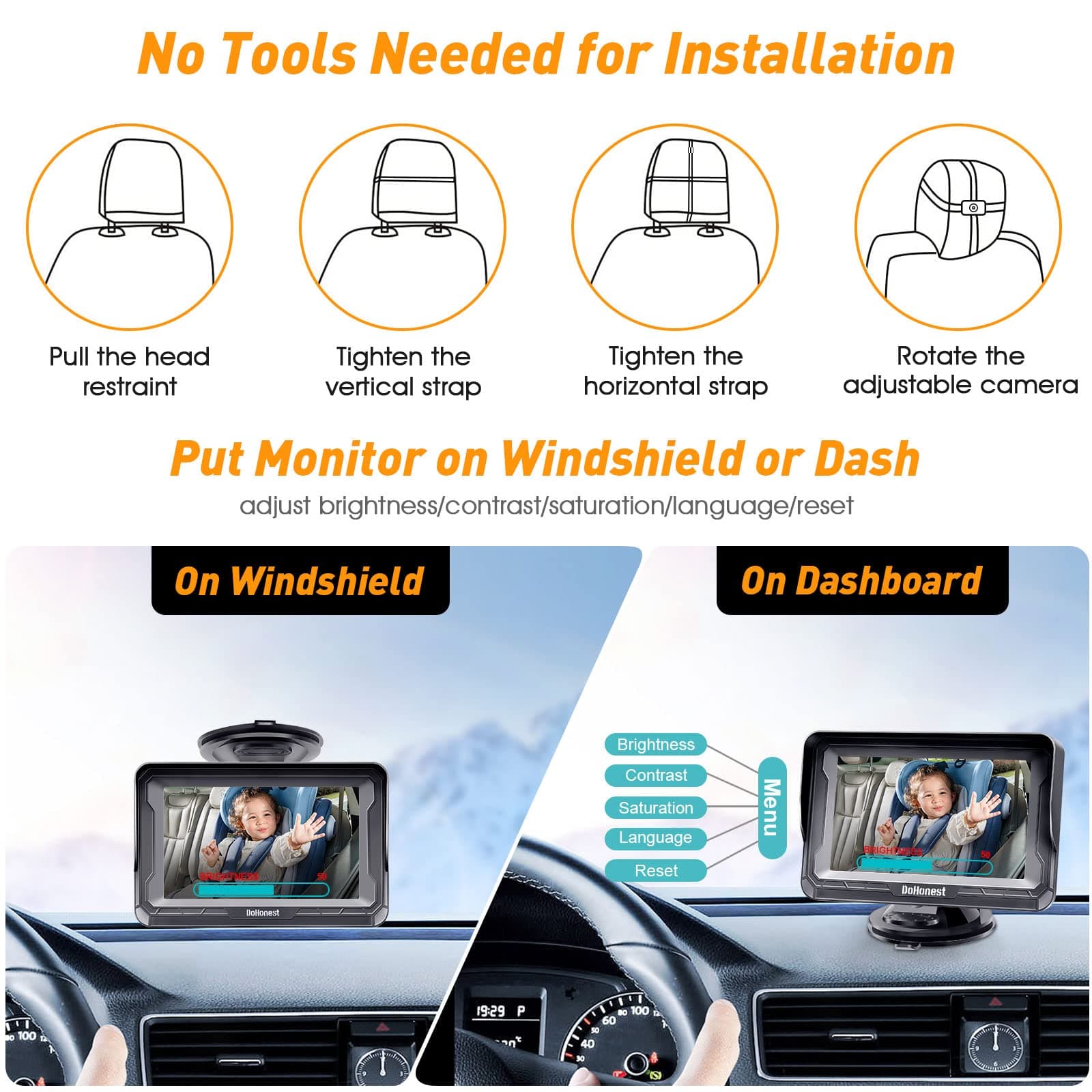 DoHonest Baby Car Camera HD 1080P with Display - Infant Safety Seat Baby Car Mirror for Rear Facing 5 Mins Easy Installation Night Vision V33 Black thumbnail 5