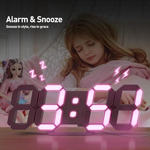 COVERY Pink Digital Wall Clock, 3D LED Desk Clocks, 10 '' Large Numbers for Girl Room - Alarm, Snooze, Temperature, Remote, Nightlight, Auto Brightness Lights, Valentines Gift - 10'' Pink Light Led Clock With Remote Control thumbnail 4