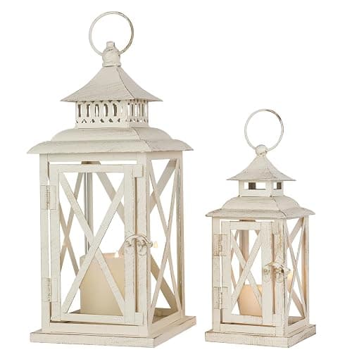 Lanterns Decorative Outdoor&Indoor, Set of 2 (14"&10") Beige Metal Lantern Decor with Glass, Candle Holder for Porch, Patio, Garden, Balcony, Wedding, Table Centerpiece - Image 1