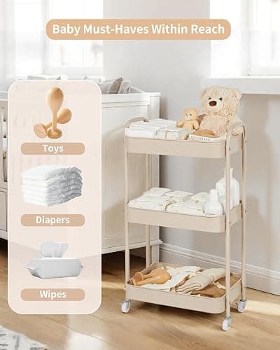 Fortella Nappy Caddy Organizer, 3-Tier Storage Trolley on Wheels, Bedroom Storage Baby Essentials for Newborn Nursery Changing Table, Easy Assembly, Portable Nappy Bag, Bathroom Kitchen Trolley(Brown) thumbnail 9